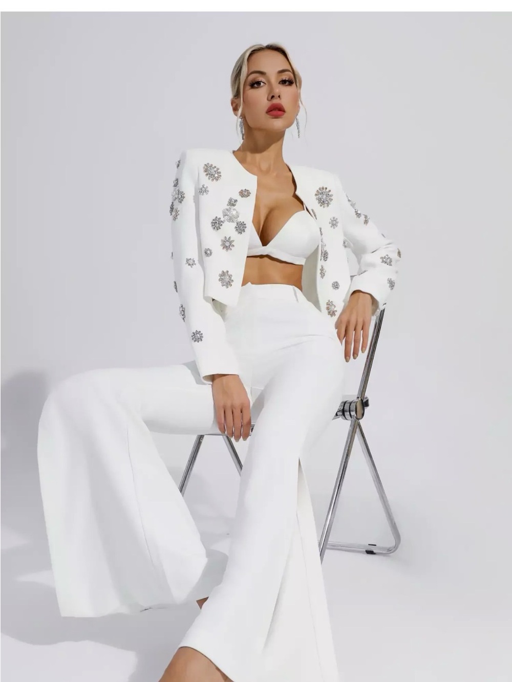 Catchall Cropped Embellished Blazer & High-Waist Wide-Leg Pants Set - White